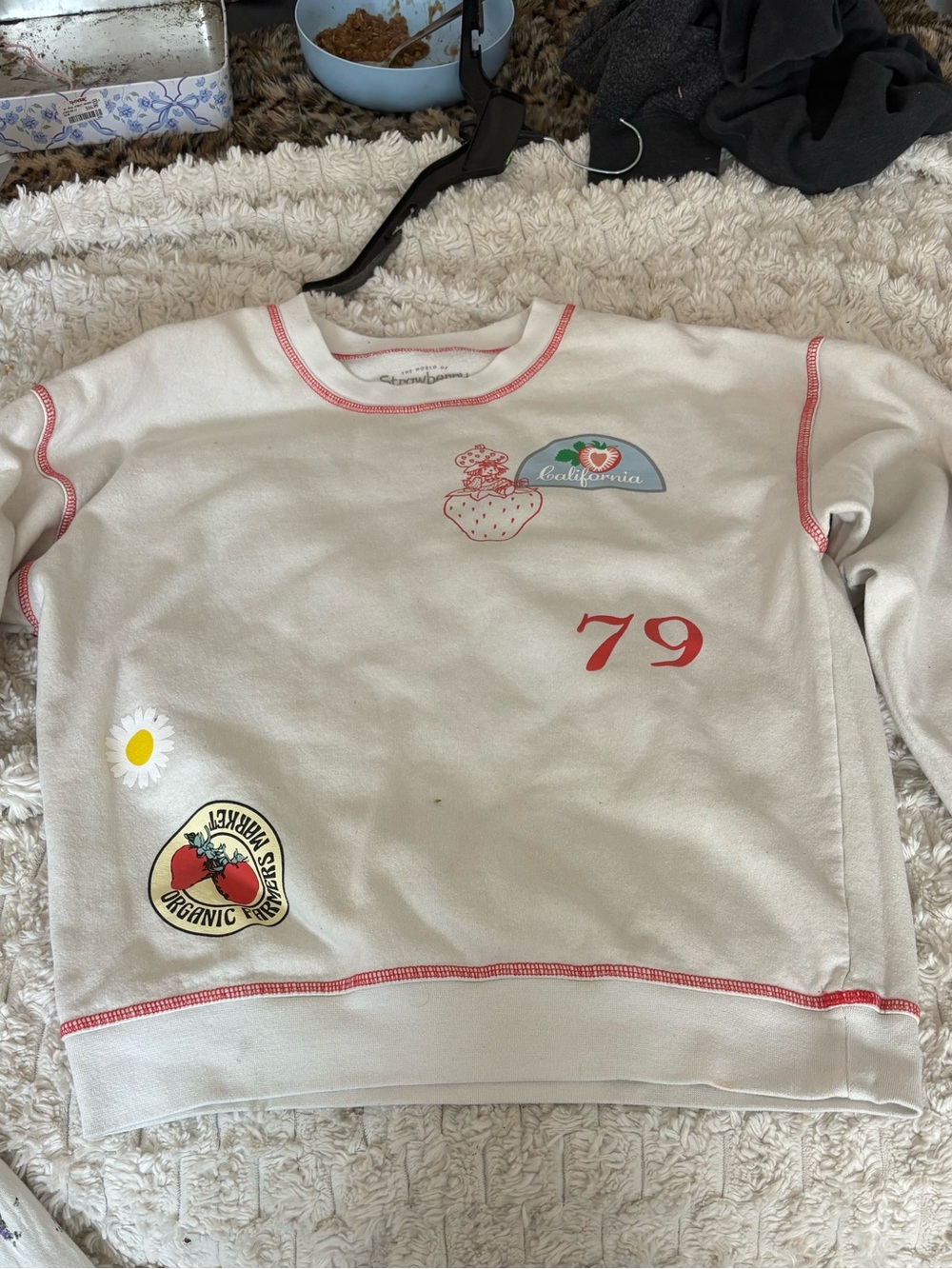 Girls' Cream Sweatshirt with Red Stitching and Strawberry Graphics